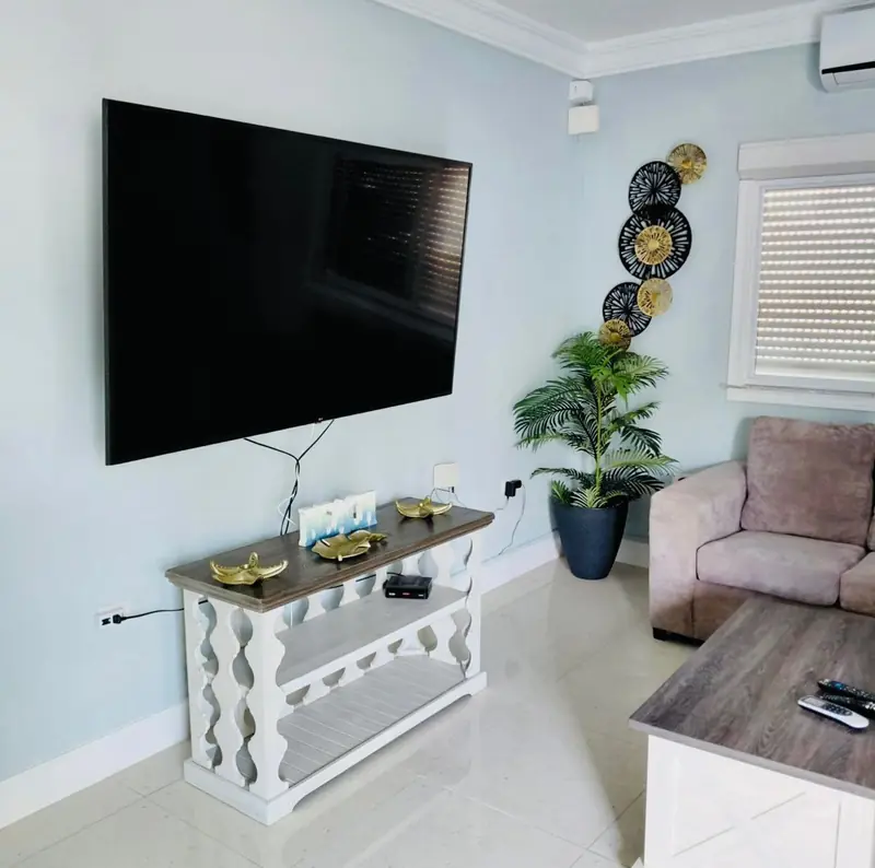 Living area with a wall-mounted television and console